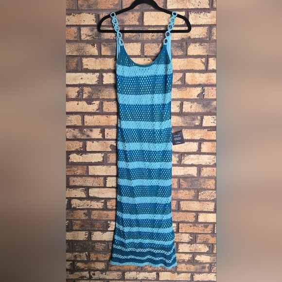 NWT Lulu's Picturesque Summer Teal blue striped crochet Midi Dress - Picture 2 of 9